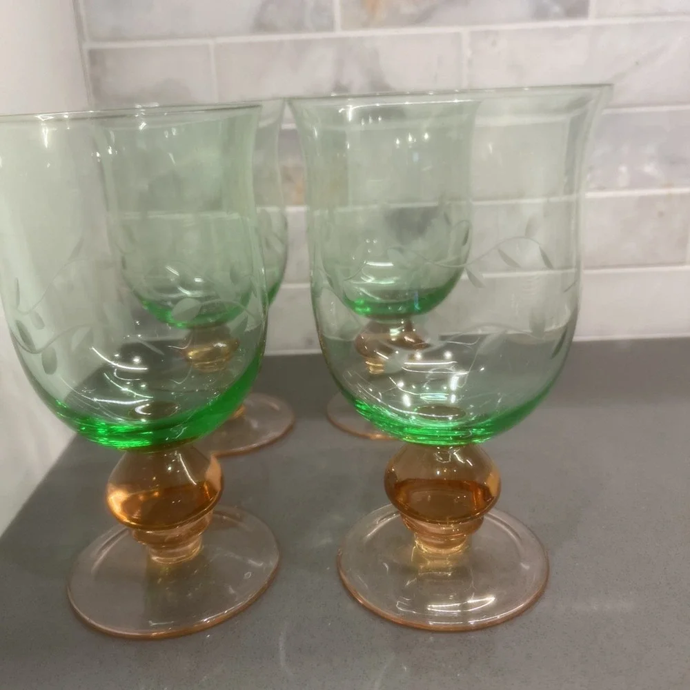 4 Vintage Pfaltzgraff Napoli Watermelon Pnk Stem Iced Tea Goblets Glasses Etched